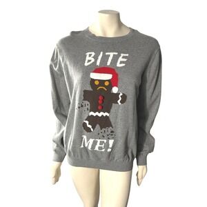 Mossimo Gray Ugly Christmas Sweater Party Bite Me Gingerbread Women's Large